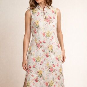 Pine Cone Hill Dress Womens L Ivory‎ Floral Asian Inspire Sleeveless Cottagecore